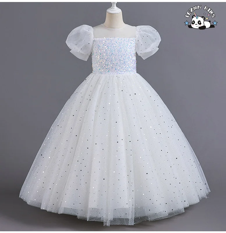 LEZONKIDS - Vestido para Menina, Vestido de Festa Infantil, Tule Longo, Malha, Lantejoulas, Princesa, Manga Bolha Fofa, Tamanho 10, Vestidos de Menina Flor para Casamento de Luxo